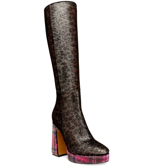 Betsey Johnson Rhinestone Leopard Metallic Multi Plaid Platform Boots - Picture 1 of 13